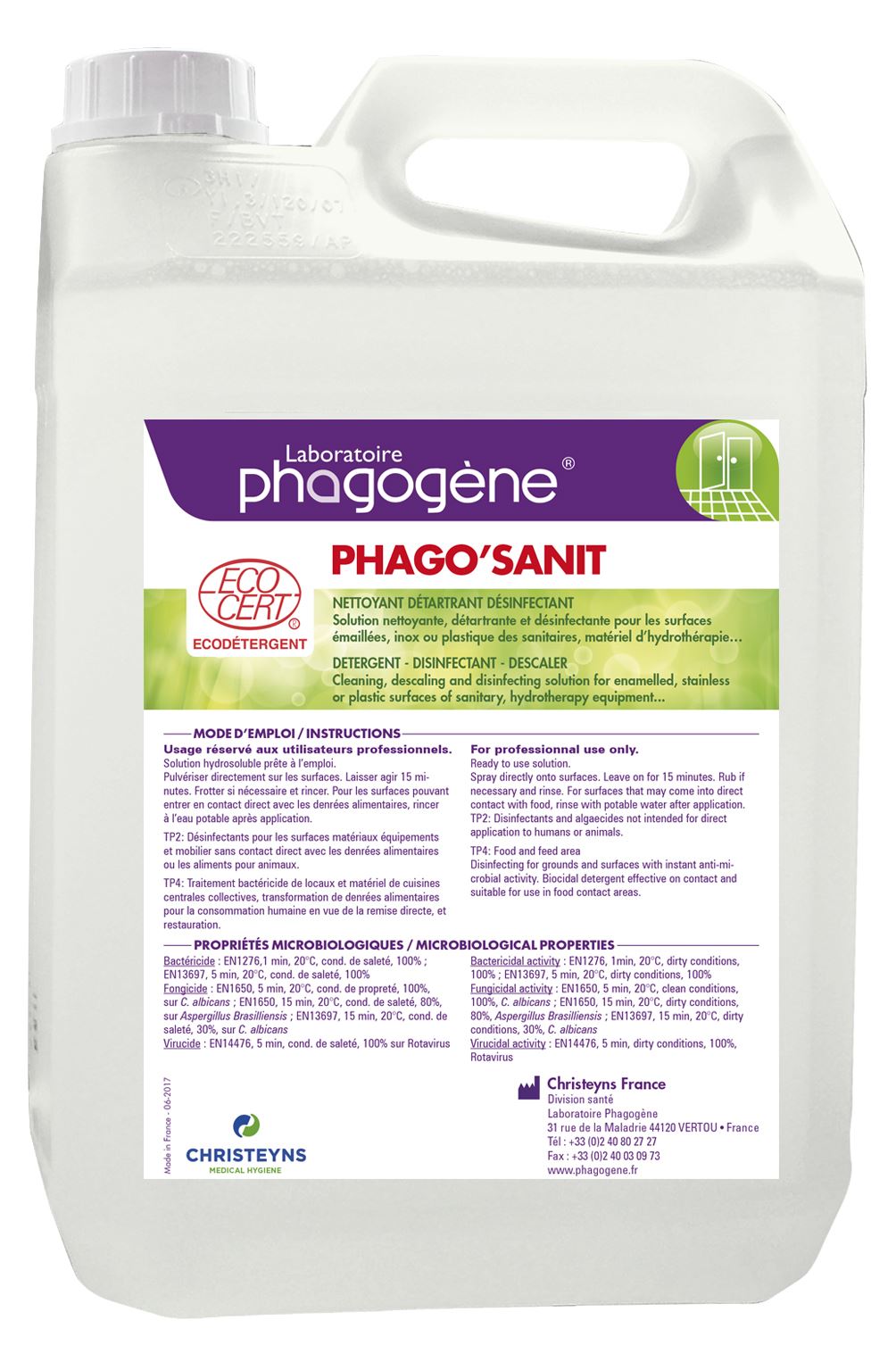 Désinfectant détartrant sans ammonium - Bidon 5 Litres Phago Sanit